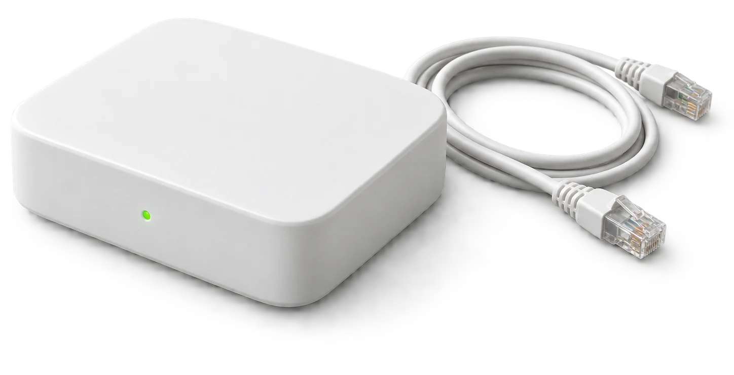 The EarnBase box — a small matte-white box about the size of a deck of cards, its status light glowing green — beside the coiled network cable that comes in the envelope with it.