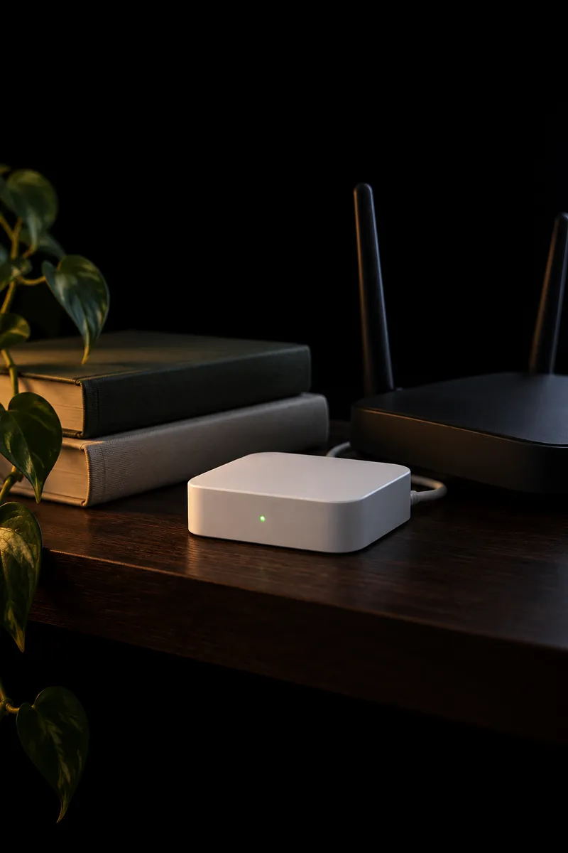 The EarnBase box at rest on a dark shelf next to the router and a couple of books — its own small computer, sitting apart from everything else in the house.
