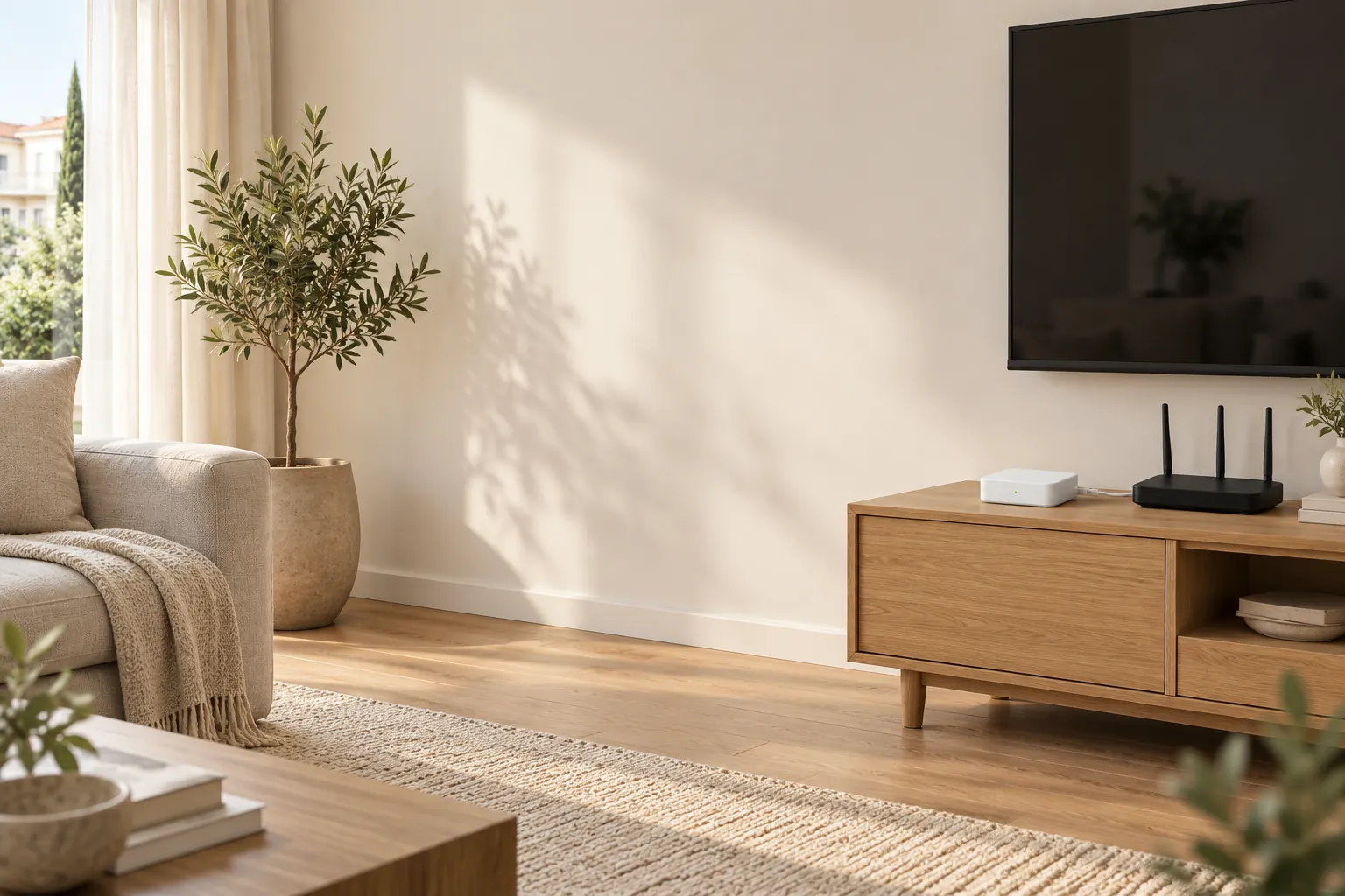 A sunlit living room with the television off, the router on the oak console and the small white EarnBase box plugged in beside it.